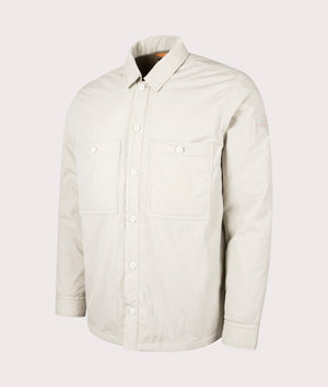 BOSS Oversized Locky 2 Overshirt in Light Beige. EQVVS angle shot.