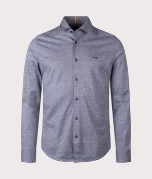 Boss Slim Fit Mysoft 2 M Shirt in Dark Blue, 100% Cotton. At EQVVS Menswear. Front detail shot 