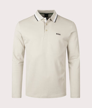 BOSS Plisy Long Sleeve Polo Shirt in Light beige, 100% Cotton. EQVVS Front Shot.