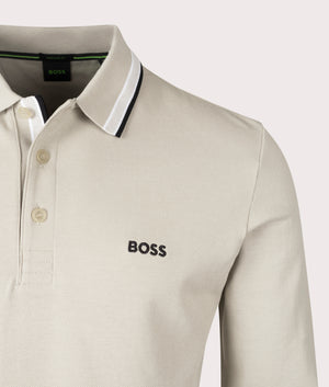 BOSS Plisy Long Sleeve Polo Shirt in Light beige, 100% Cotton. EQVVS Detail Shot.