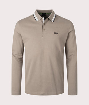 BOSS Plisy Long Sleeve Polo Shirt in Light/pastel green, 100% Cotton. EQVVS Front Shot.