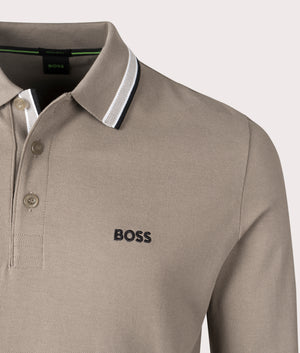 BOSS Plisy Long Sleeve Polo Shirt in Light/pastel green, 100% Cotton. EQVVS Detail Shot.