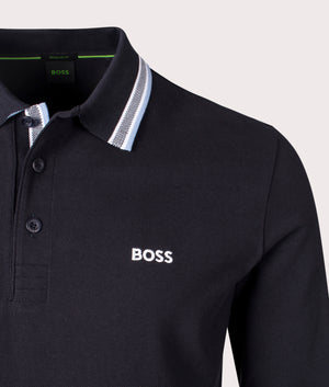 BOSS Plisy Long Sleeve Polo Shirt in Dark Blue at EQVVS Detail Shot