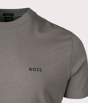 BOSS Crew Neck T-Shirt in Light Pastel Grey. Shot at EQVVS. Detail shot. 