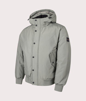 BOSS Relaxed Fit Osis Parka Jacket in Open Grey, 100% Polyamide. Angle Shot at EQVVS