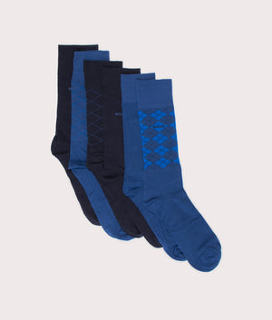 BOSS 6 Pack RS Design Socks in Dark Blue and Bright Blue with Diamond Patterns. EQVVS Flat Shot