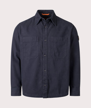 BOSS Lerato Overshirt in Dark Blue, 100% Cotton. Shot at EQVVS. Front shot. 