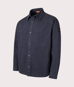 BOSS Lerato Overshirt in Dark Blue, 100% Cotton. Shot at EQVVS. Angle shot. 