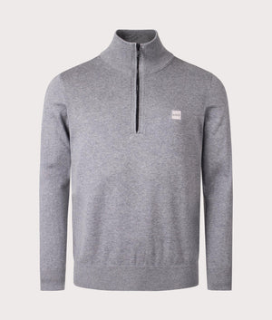 BOSS Kanobix Quarter Zip Sweatshirt in Light/Pastel Grey, Cotton/Cashmere Blend. At EQVVS Menswear. Front detail shot