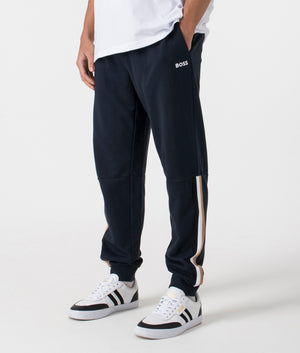 BOSS Dark Blue Iconic Joggers. Shot at EQVVS. Angle shot. 