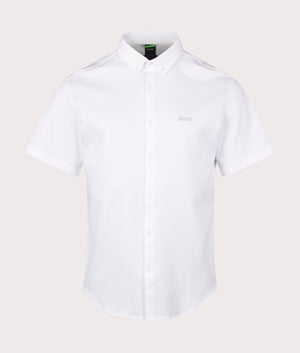 BOSS B Motion Short Sleeve Shirt in White. Shot at EQVVS. Front detail shot