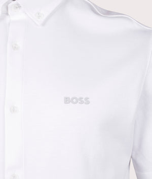 BOSS B Motion Short Sleeve Shirt in White. Shot at EQVVS. Front logo shot