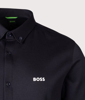 BOSS B Motion Short Sleeve Shirt in Black. Shot at EQVVS. Detail shot. 