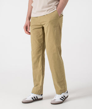 BOSS Straight Fit Chinos in Medium Beige. Shot at EQVVS. Side shot. 