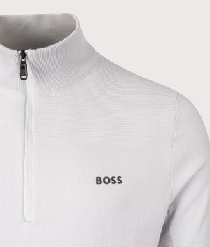 BOSS Momentum X Quarter Zip Knit Jumper in Light/Pastel Grey. Shot at EQVVS.  Detail shot. 