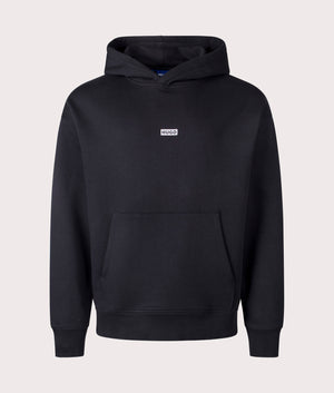 HUGO Relaxed Fit Nazardo Hoodie in black, 100% cotton at EQVVS. Front shot. 