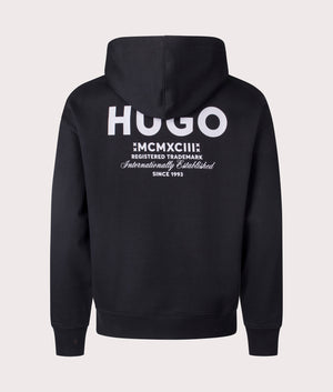 HUGO Relaxed Fit Nazardo Hoodie in black, 100% cotton at EQVVS. Back shot. 