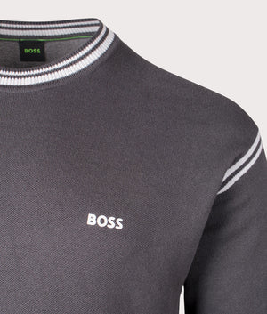 BOSS K Tape Crew Neck Sweatshirt in Dark Grey, 100% Cotton. At EQVVS Menswear. Front logo shot