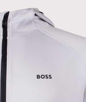 BOSS Sicon Active Hoodie in Light/Pastel Grey. Shot at EQVVS.Detail shot. 