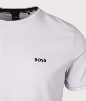 BOSS Taul T-Shirt in Light/Pastel Grey. Shot at EQVVS Menswear. Front logo shot