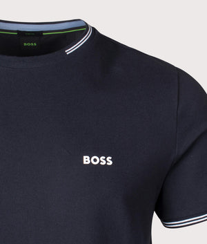 BOSS Taul T-Shirt in Dark Blue. Shot at EQVVS. Front logo shot