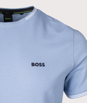 BOSS Taul T-Shirt in Open Blue. Shot at EQVVS. Front logo shot