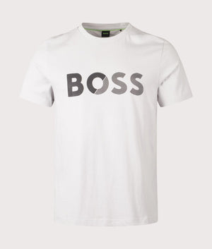 BOSS Tee Tape Logo T-Shirt in Light/Pastel Grey. Shot at EQVVS.  Front shot. 