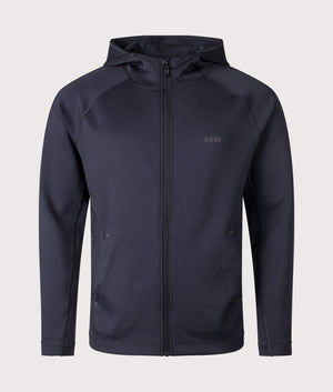 BOSS Sicon Active Hoodie in Dark Blue. Shot at EQVVS. Front detail shot