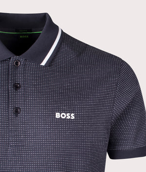 Paddy Tape Jacquard Polo Shirt in Dark Blue by BOSS. Shot at EQVVS. Detail shot. 