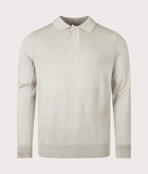 BOSS Avac Knitted Polo Shirt in Light Beige. At EQVVS Menswear. Front detail shot