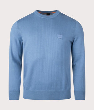 BOSS Kanovano Knitted Jumper in Light/Pastel Blue, Cotton-Cashmere Blend. At EQVVS Menswear. Front detail shot