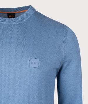 BOSS Kanovano Knitted Jumper in Light/Pastel Blue, Cotton-Cashmere Blend. At EQVVS Menswear. Front logo shot