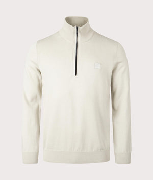 Kanobix Quarter Zip Sweatshirt in Light Beige by BOSS at EQVVS. Front shot. 