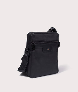 BOSS Ray Zip Messenger Bag in Black at EQVVS. Angle Shot.