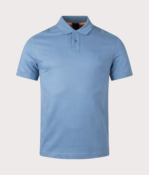 BOSS Slim Fit Passenger Polo Shirt Light/Pastel Blue. At EQVVS Menswear. Front detail shot