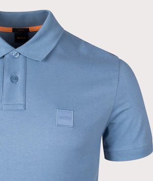 BOSS Slim Fit Passenger Polo Shirt Light/Pastel Blue. At EQVVS Menswear. Front logo shot