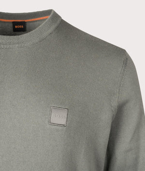 BOSS Kanovano Knitted Jumper in Open Grey, Cotton-Cashmere Blend. At EQVVS Menswear. Front logo shot