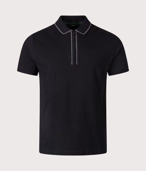 BOSS Philix Tape Polo Shirt in Black. Shot at EQVVS. Front shot 