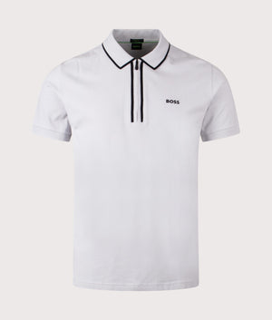 BOSS Philix Tape Polo Shirt in Light/Pastel Grey. Shot at EQVVS. Front detail shot