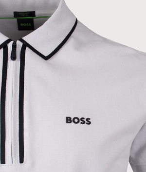 BOSS Philix Tape Polo Shirt in Light/Pastel Grey. Shot at EQVVS. Front logo  shot