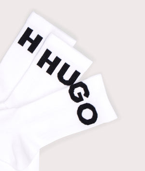 HUGO 3-pack Iconic Socks in White at EQVVS Menswear. Logo detail Shot. 