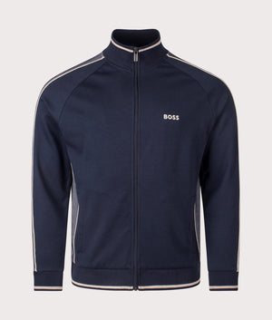 BOSS Zip through Track Top in Dark Blue . Shot at EQVVS. Front detail shot 