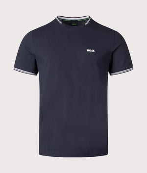 BOSS Taul T-Shirt in Dark Blue. Shot at EQVVS. Front detail shot