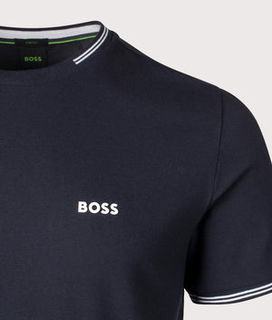 BOSS Taul T-Shirt in Dark Blue. Shot at EQVVS. Front logo shot