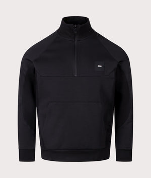 BOSS Rib Quarter Zip Sweatshirt in Black. Front Shot.