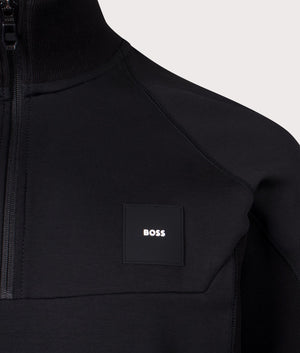 BOSS Rib Quarter Zip Sweatshirt in Black. Detail Shot at EQVVS