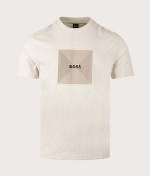 BOSS Tee Logo Rib T-Shirt in open beige. 100% Cotton. Shot at EQVVS. Front detail shot