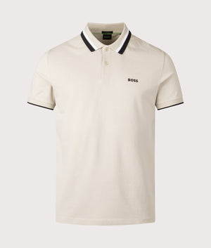 BOSS Paddy Heritage Active Polo Shirt in Open Beige, 100% Cotton. At EQVVS Menswear. Front detail shot