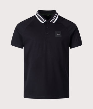 BOSS Paddy Rib Polo Shirt in Black, 100% Cotton. Shot at EQVVS. Front detail shot 