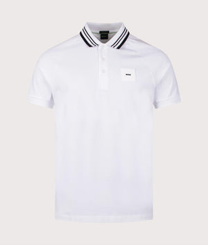 BOSS Paddy Rib Polo Shirt in White. 100& Cotton. Front detail shot 